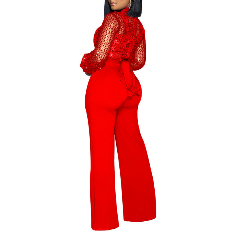 Red Back Lace-up Long Sleeve Sequin Jumpsuit TQK550346-3