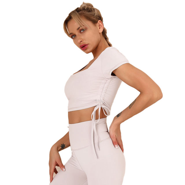Light Gray Sides Drawstring Short Sleeve Yoga Pant Set TQK710243-25
