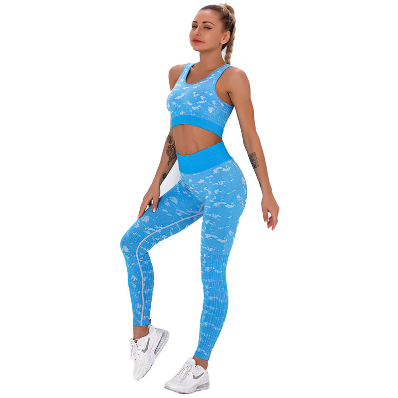 Blue Camo Print Sports Bra with High Waist Pant Set TQE00132-5