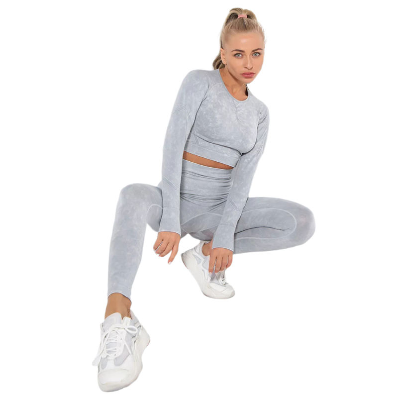 Light Gray Nylon Seamless Long Sleeve Pant Yoga Set TQE91361-112