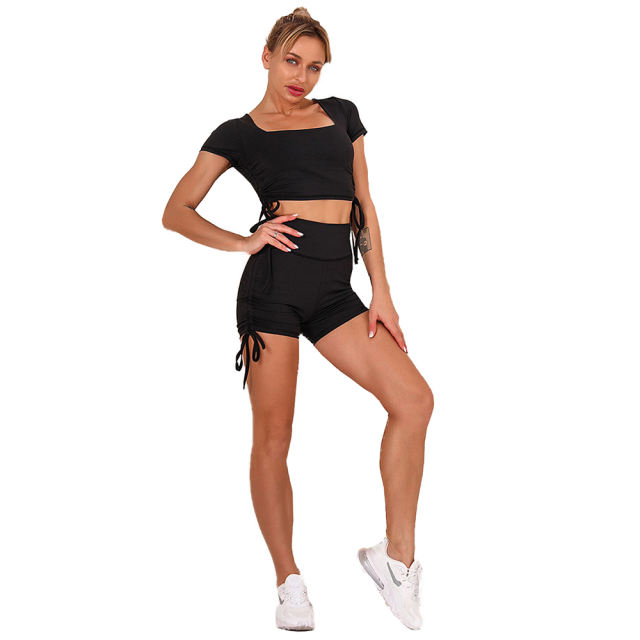 Black Sides Drawstring Short Sleeve Yoga Short Set TQK710241-2