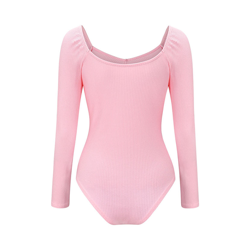 Pink Pleated V Neck Long Sleeve Bodysuit TQK550215-10