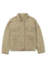 Khaki Frayed Trim Rivet Denim Jacket LC788104-16