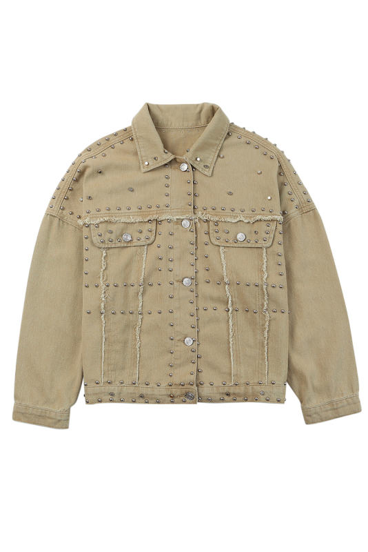 Khaki Frayed Trim Rivet Denim Jacket LC788104-16