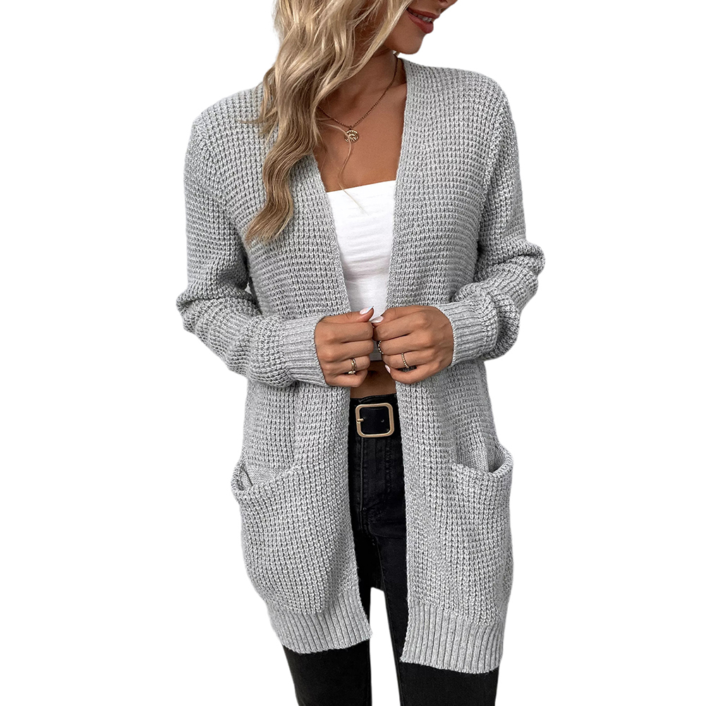 Gray Open Front Cardigan with Pocket TQK280177-11