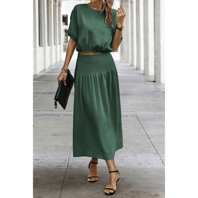 Dark Green Pleated Crop Top with Skirt Set TQX711094-36