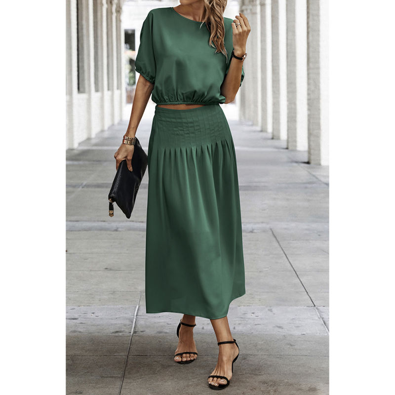 Dark Green Pleated Crop Top with Skirt Set TQX711094-36
