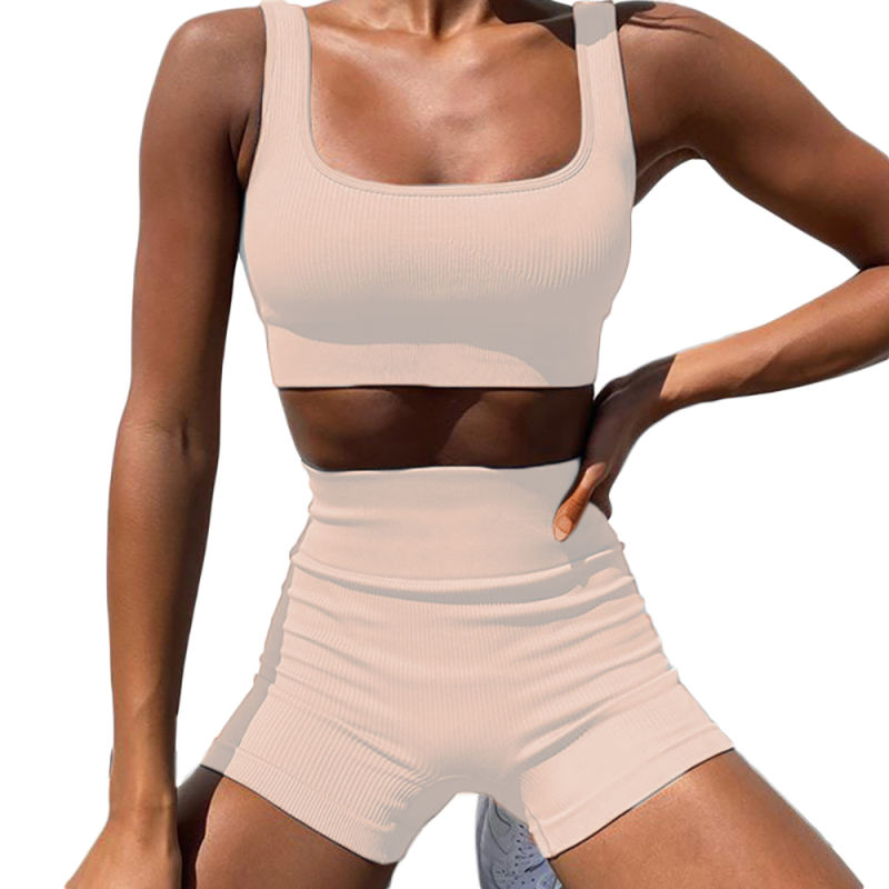 Light Yellow Seamless Knit Yoga Bra with Shorts Set TQK710237-42