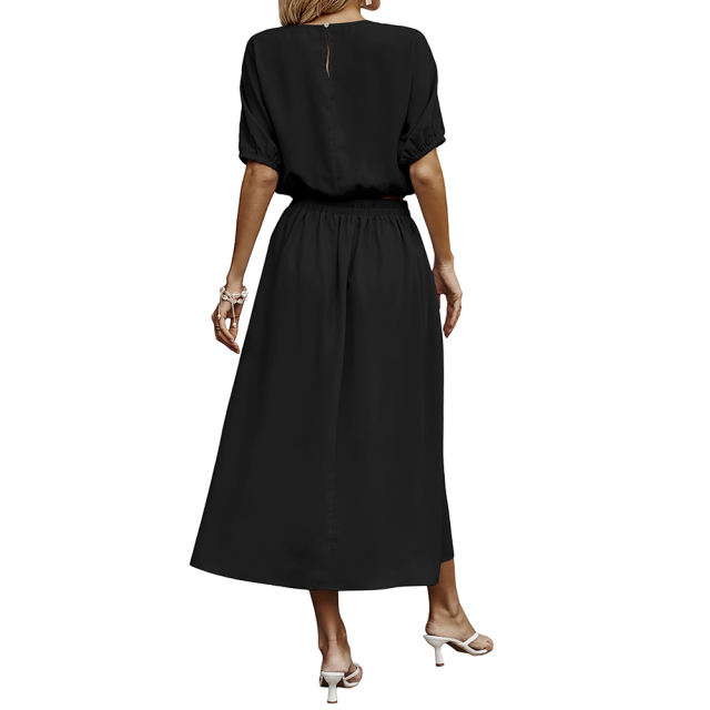 Black Pleated Crop Top with Skirt Set TQX711094-2