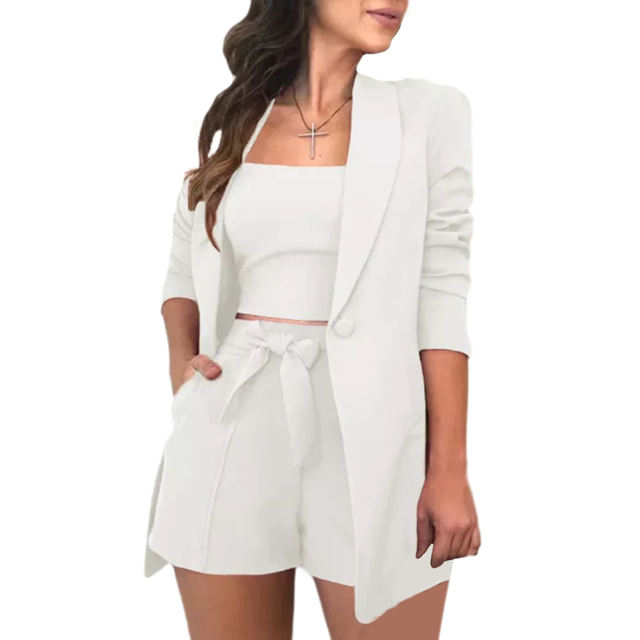 White Single Breasted Blazer and Shorts Vest 3pcs Set TQF711041-1