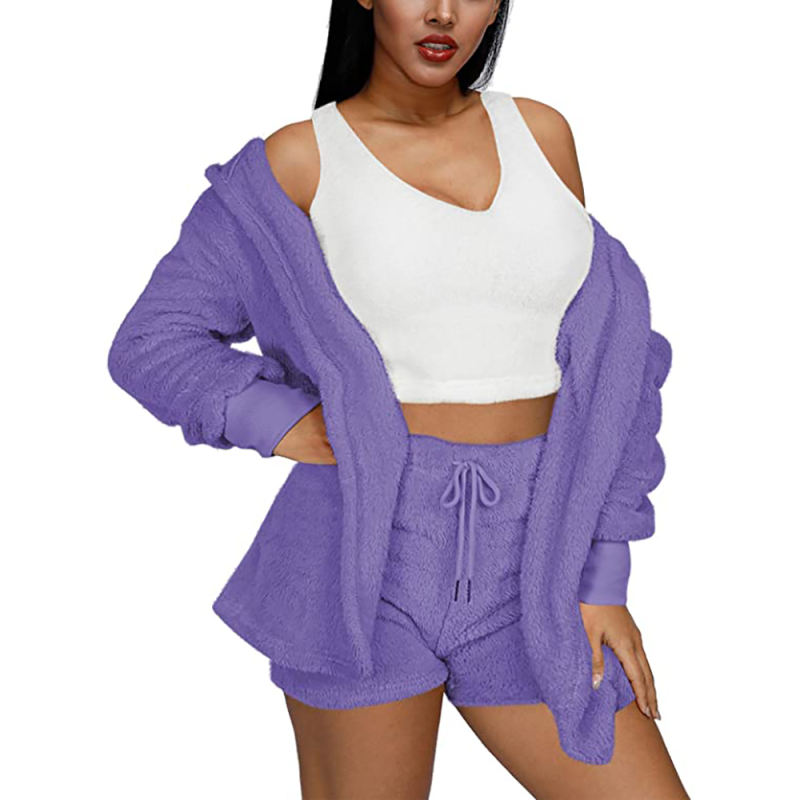 Purple Plush Hoodie with Shorts and White Vest 3pcs Set TQK710393-8