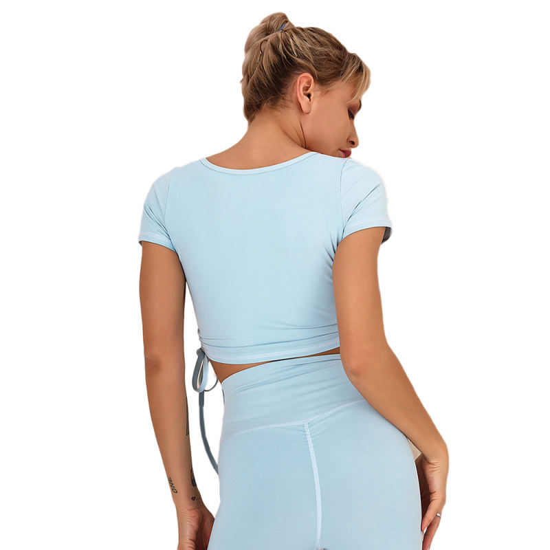 Light Blue Sides Drawstring Short Sleeve Yoga Pant Set TQK710243-30