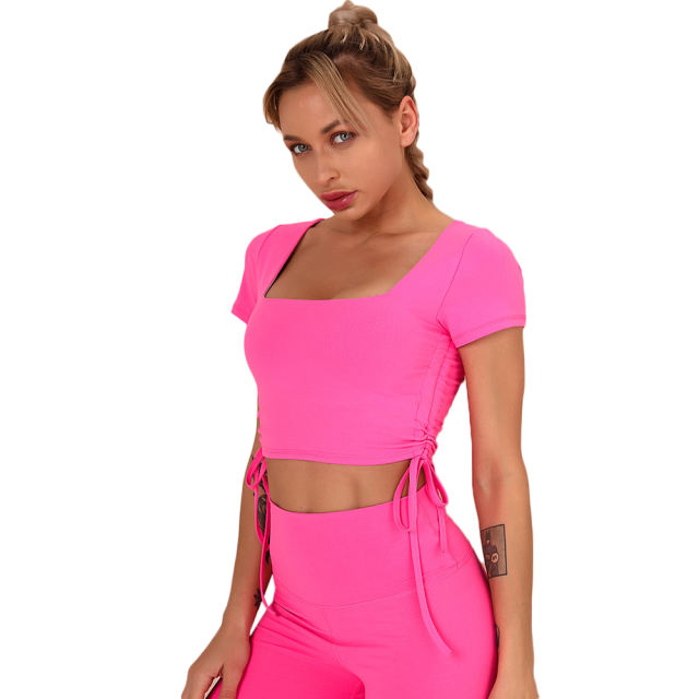 Rosy Sides Drawstring Short Sleeve Yoga Pant Set TQK710243-6