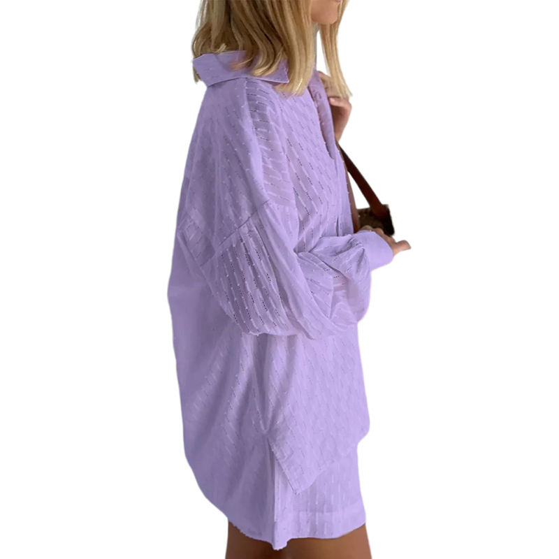 Purple Hollow-out Jacquard Long Sleeve Shirt with Shorts Set TQF711040-8