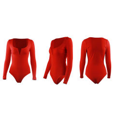 Red Deep V Long Sleeve Bodysuit TQK550156-3
