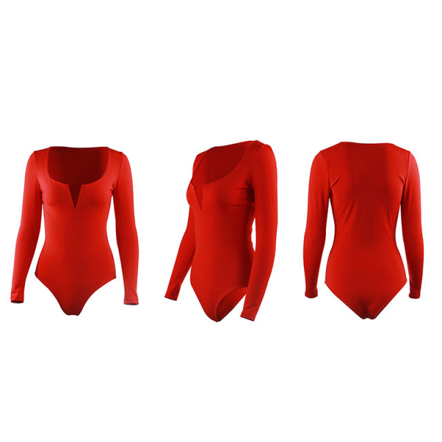 Red Deep V Long Sleeve Bodysuit TQK550156-3