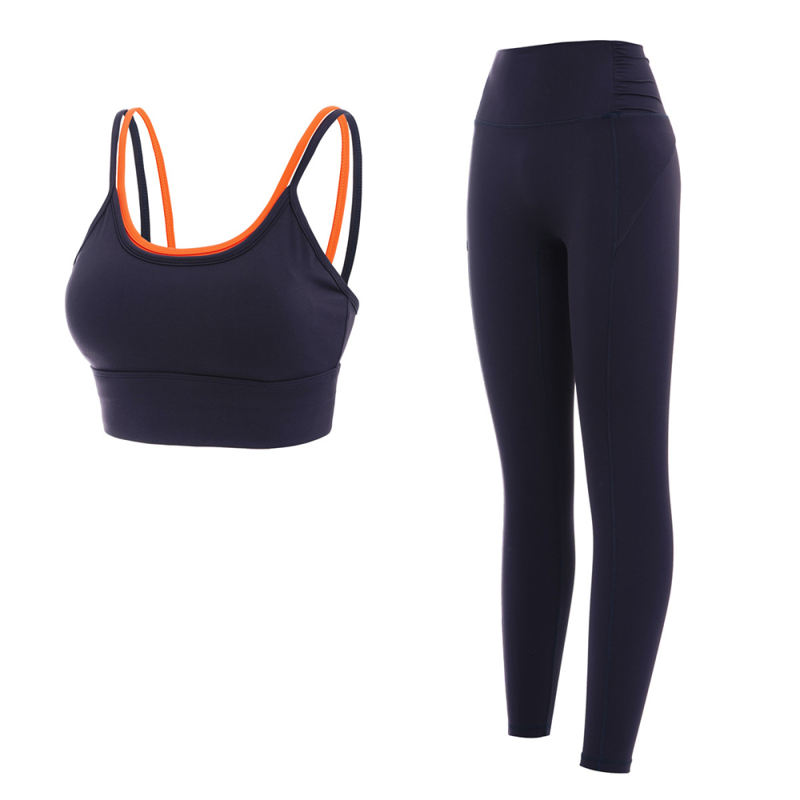 Dark Blue Fake Two-pieces Bra with Pant Yoga Set TQE91350-77