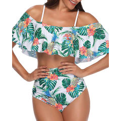 Light Green Floral Print High Waist Bikini Swimsuit
