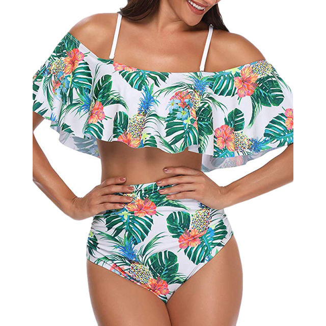 Light Green Floral Print High Waist Bikini Swimsuit