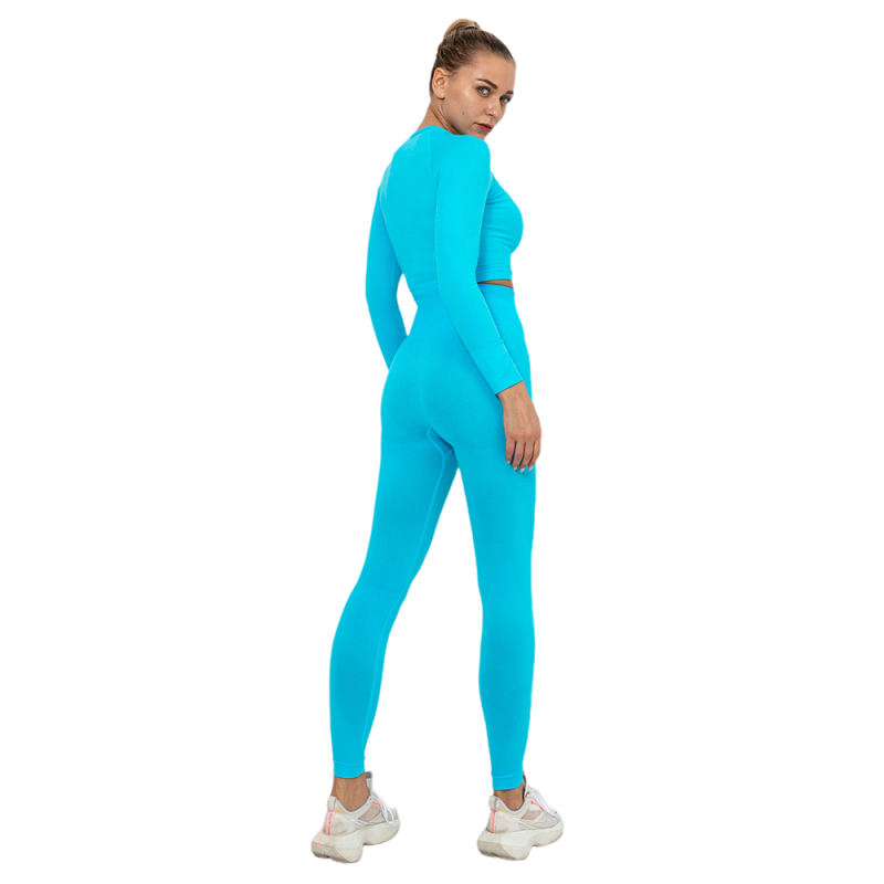 Lake Blue Seamless Long Sleeve Yoga Sports Set TQE00135-110