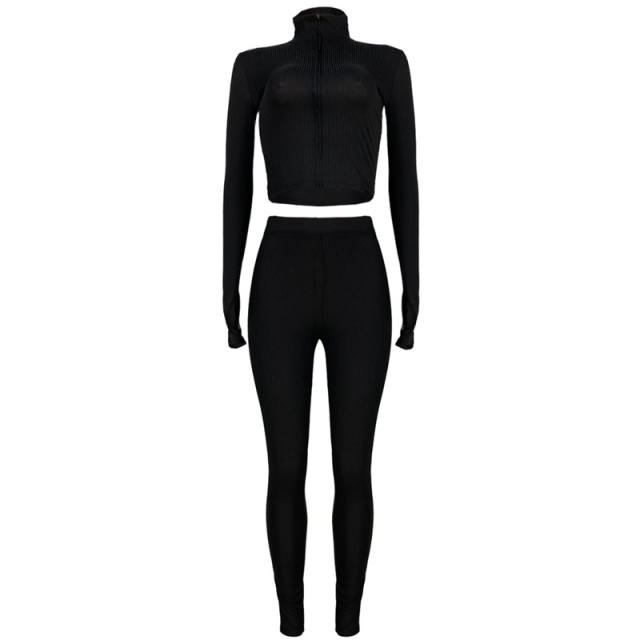Black Cotton Blend Zipper Datail Long Sleeve Top with Pant Set TQK710132-2