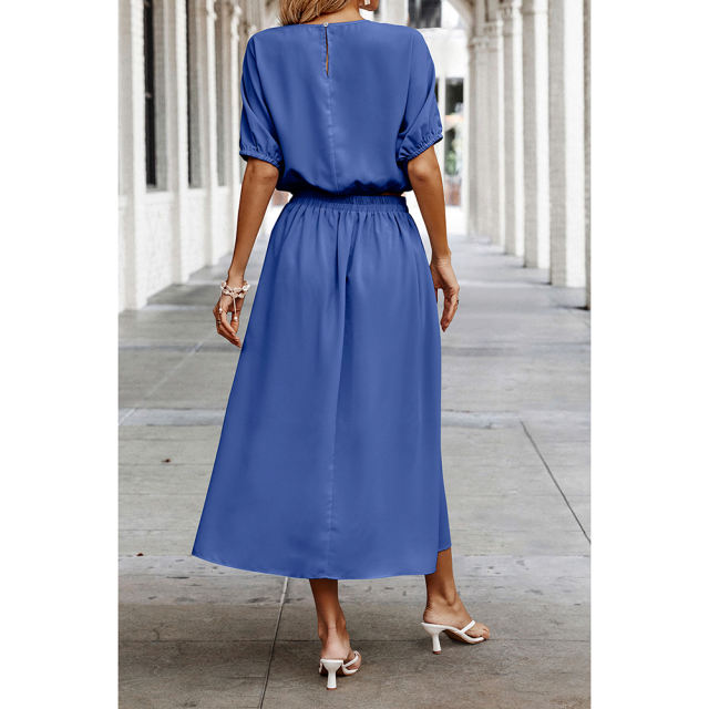 Blue Pleated Crop Top with Skirt Set TQX711094-5