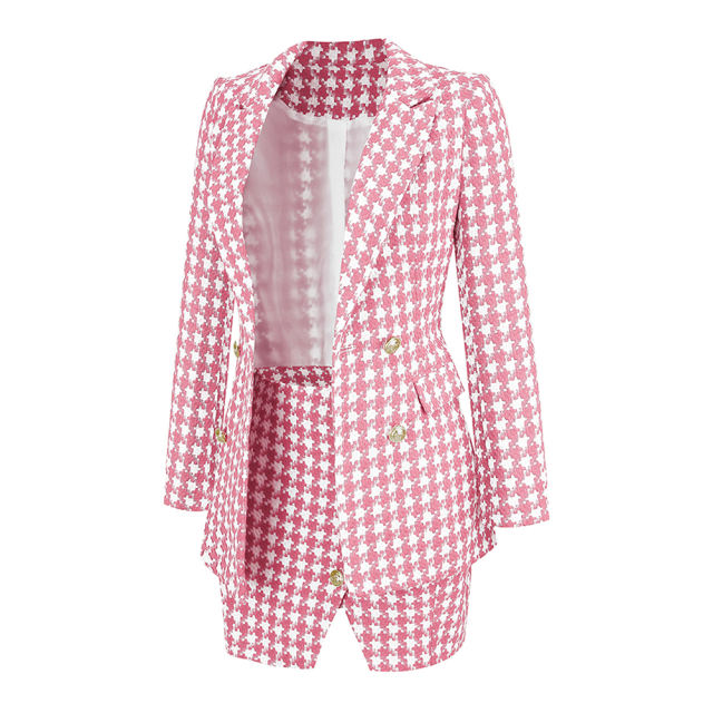 Pink Plaid Print Blazer and Button Split Skirt Set TQF711046-10