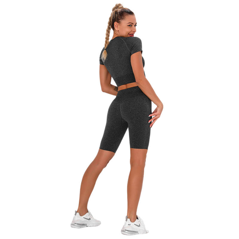 Dark Gray Seamless Short Sleeve Yoga Sports Set TQE00138-26