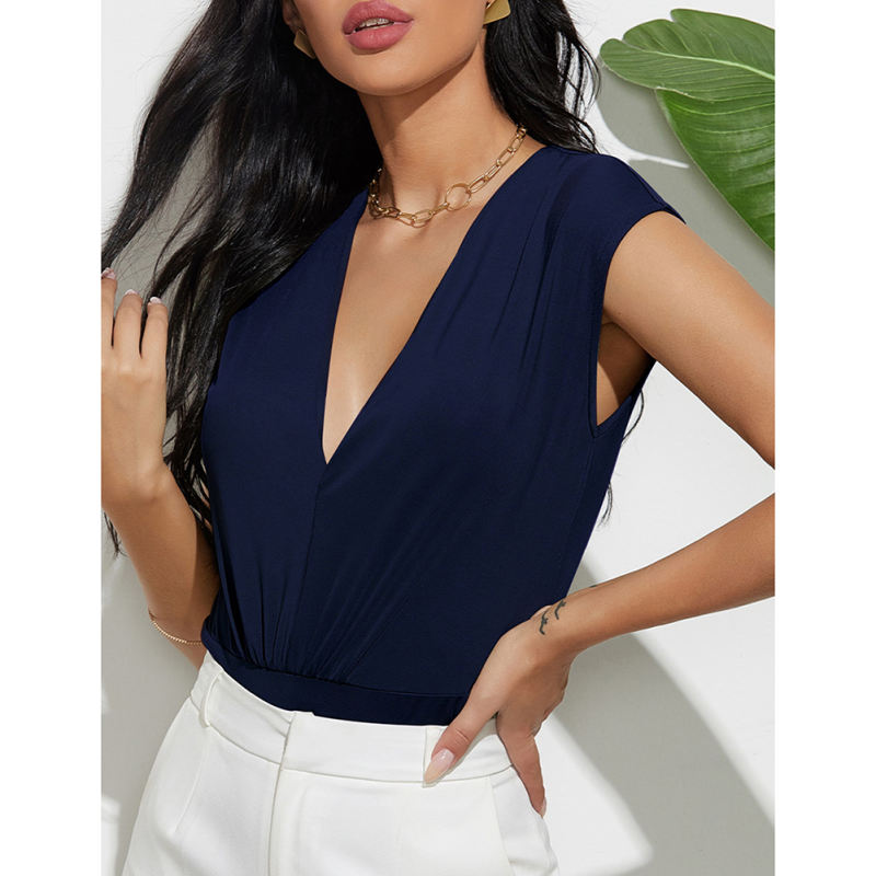 Navy Blue Solid V Neck Sleeveless Bodysuit TQV220175-34