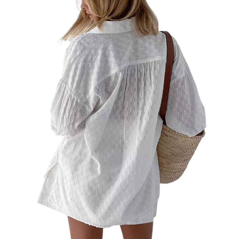White Hollow-out Jacquard Long Sleeve Shirt with Shorts Set TQF711040-1