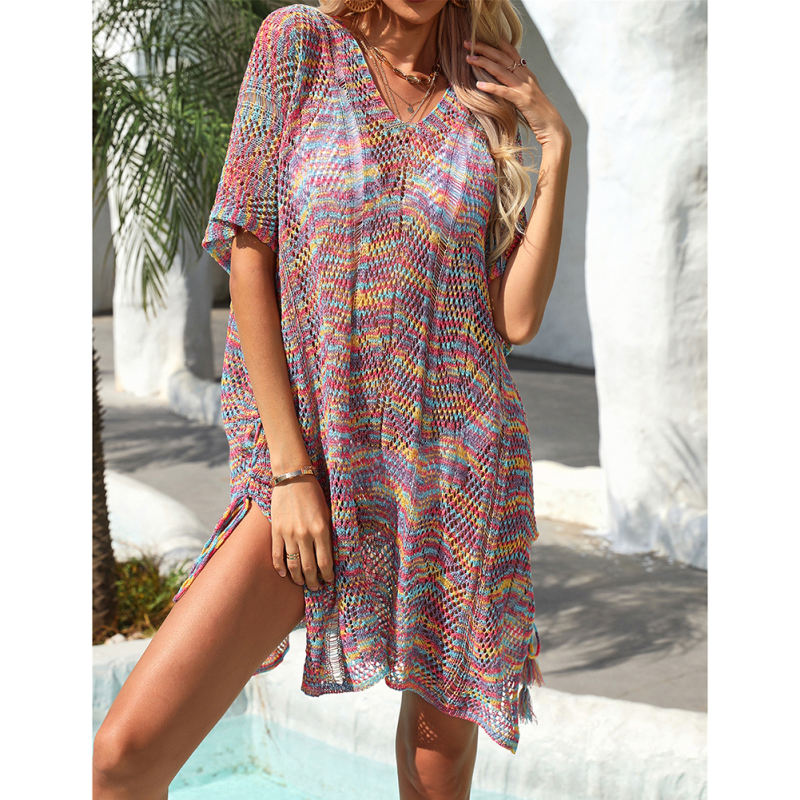 Purple Knitted V Neck Beach Cover Ups TQX650053-8