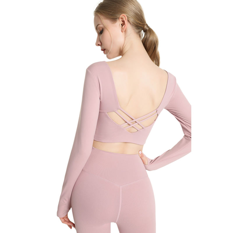 Pink Taupe Back Crisscross Long Sleeve Yoga Tees TQE24062-87