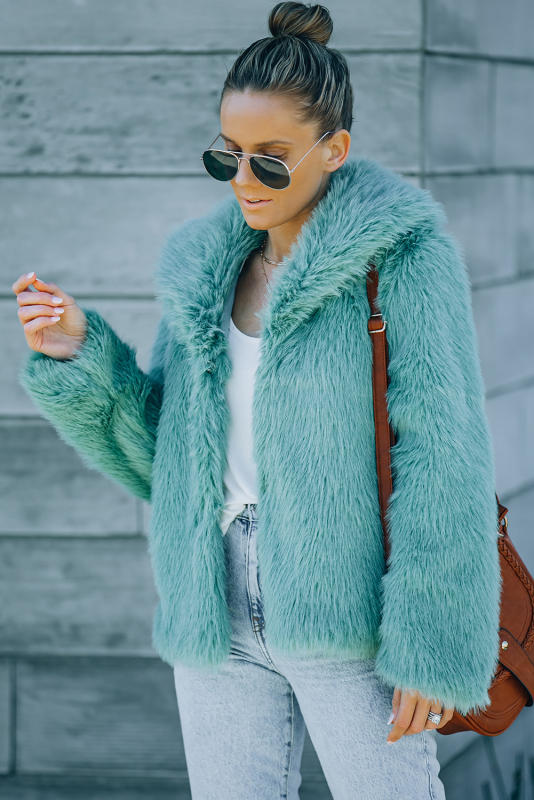 Green Collared Side Pockets Winter Fuzzy Coat LC8512420-9