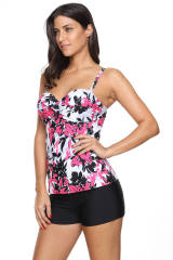 Rose Red Floral Print Swimdress Tankini and Shorts