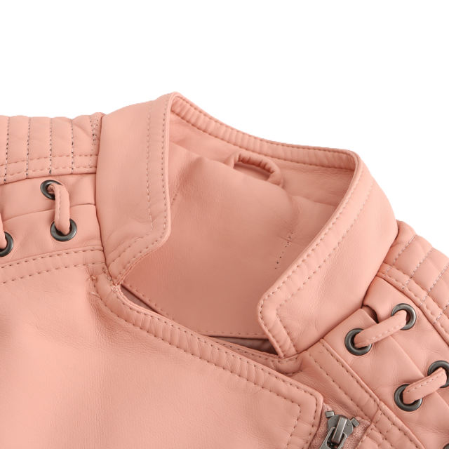 Light Pink Zipper Slim Fit Motorcycle PU Leather Jacket TQK280090-39