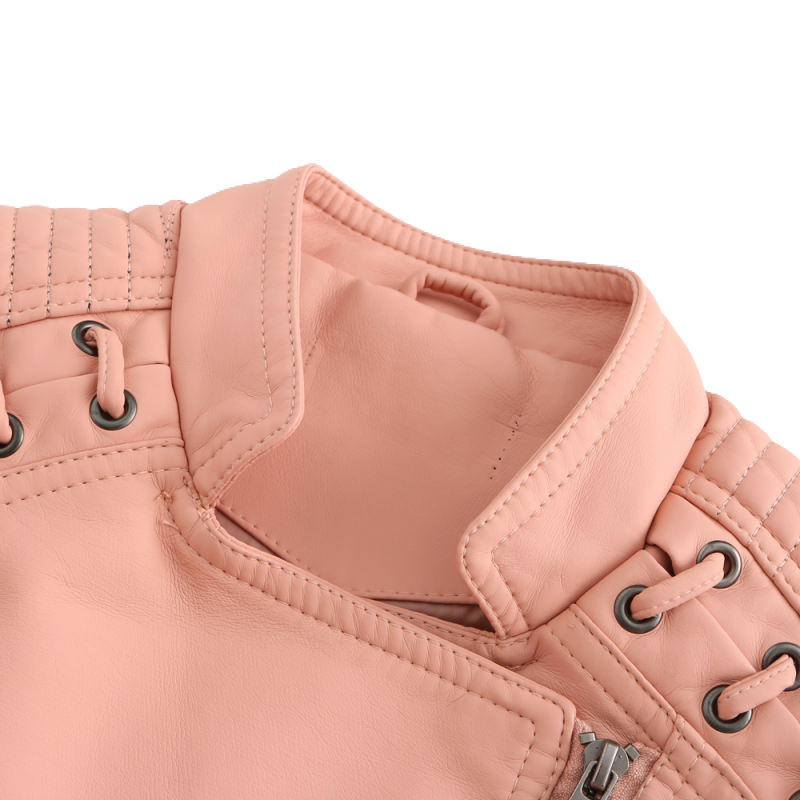 Light Pink Zipper Slim Fit Motorcycle PU Leather Jacket TQK280090-39