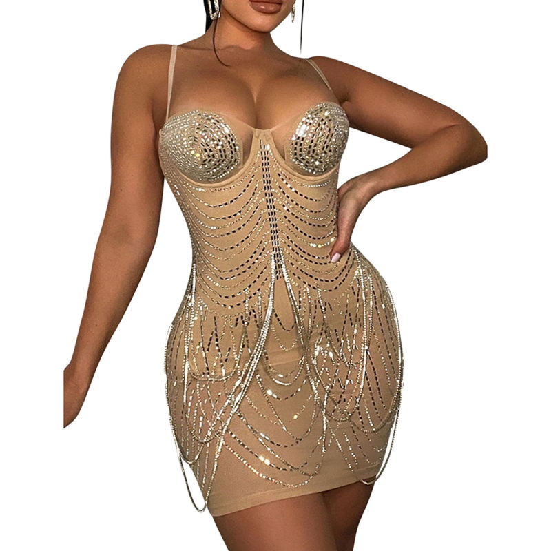 ApricotPadded Rhinestone Studded Mesh Sling Bodycon Dress TQK311158-18