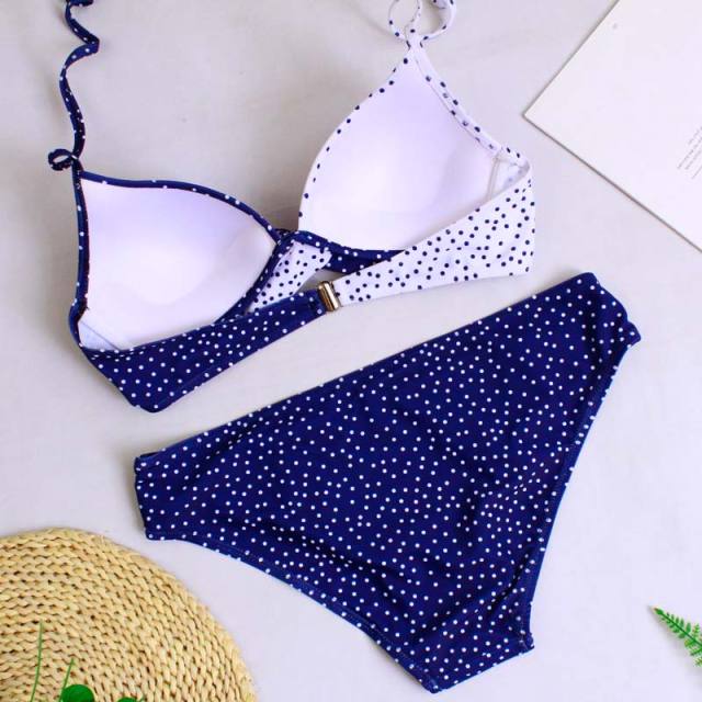Navy White Dot Halter Bikini Swimsuit TQK610119-34