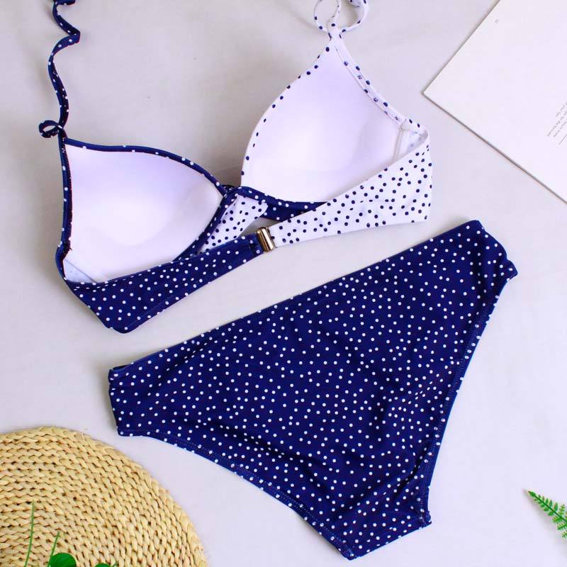 Navy White Dot Halter Bikini Swimsuit TQK610119-34