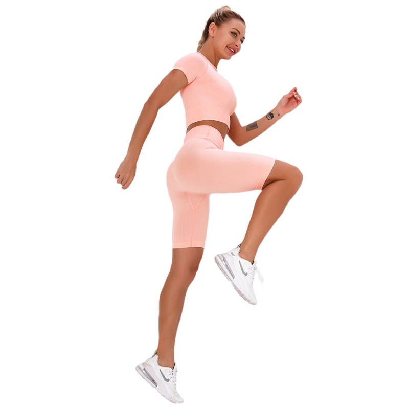 Pink Seamless Short Sleeve Yoga Sports Set TQE00138-10