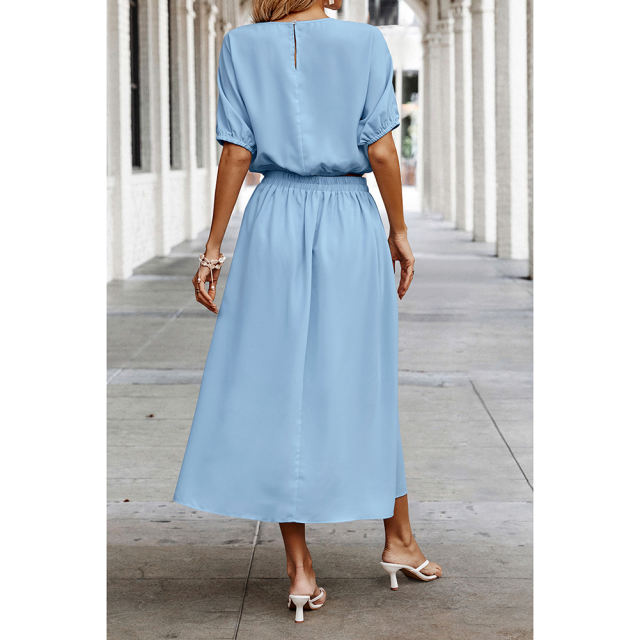 Light Blue Pleated Crop Top with Skirt Set TQX711094-30