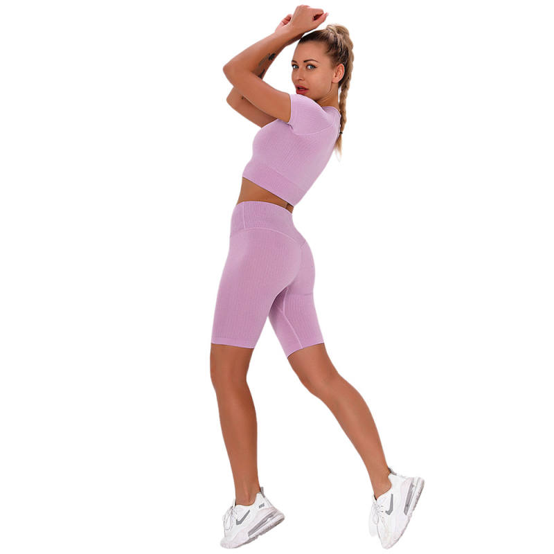 Pink Taupe Seamless Short Sleeve Yoga Sports Set TQE00138-87