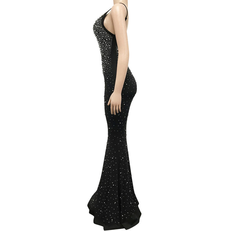 Black Rhinestone Open Back Mermaid Maxi Dress TQK311126-2