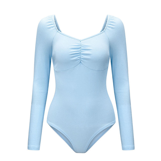Light Blue Pleated V Neck Long Sleeve Bodysuit TQK550215-30