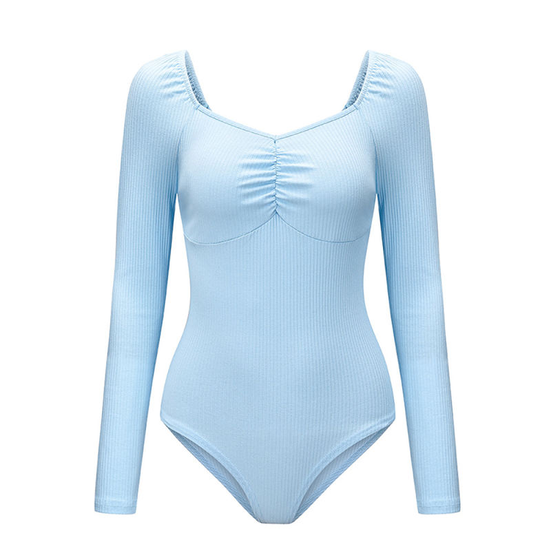 Light Blue Pleated V Neck Long Sleeve Bodysuit TQK550215-30