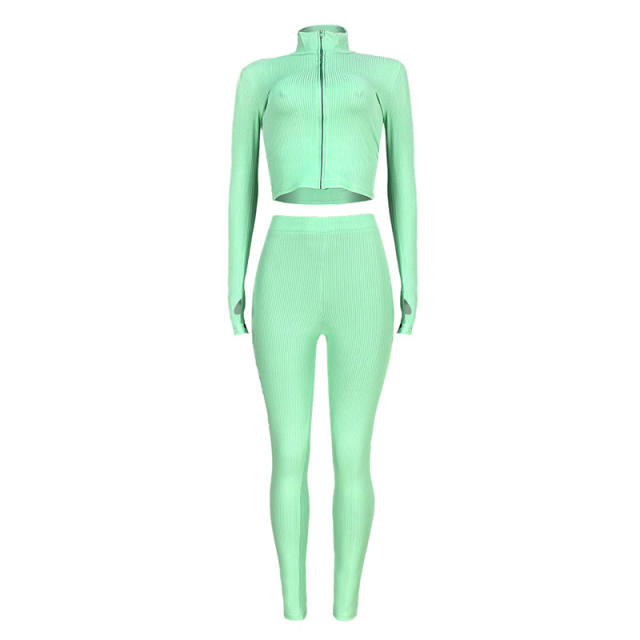 Light Green Cotton Blend Zipper Datail Long Sleeve Top with Pant Set TQK710132-28