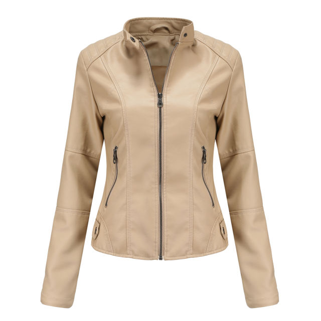 Apricot Slim Fit Stand Collar PU Motorcycle Jacket TQK280091-18