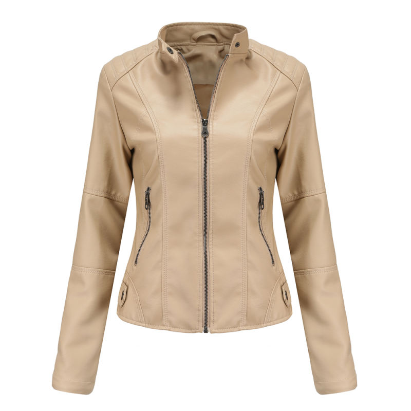 Apricot Slim Fit Stand Collar PU Motorcycle Jacket TQK280091-18