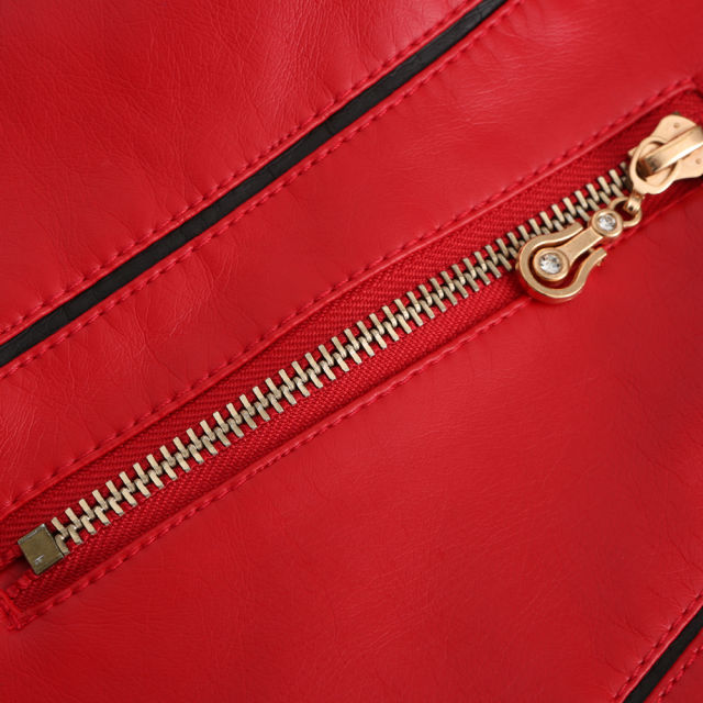 Red Turn Down Slim Fit PU Leather Jacket TQK280095-3