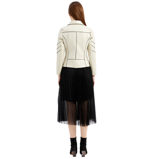 Beige Turn Down Slim Fit PU Leather Jacket TQK280095-46